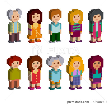 图库插图: pixel art style cartoon isometric characters