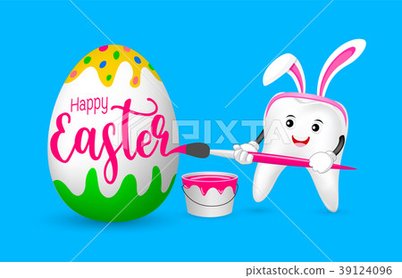 图库插图: cute cartoon bunny tooth painting easter eggs.