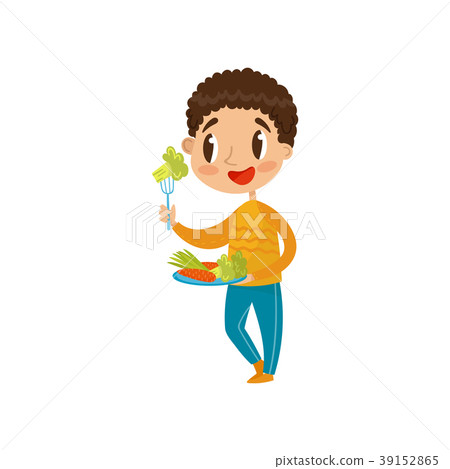 图库插图: cute boy eating vegetables on a plate with fork