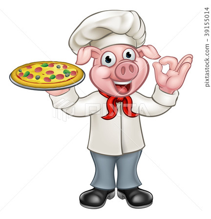 图库插图: cartoon pizza chef pig character