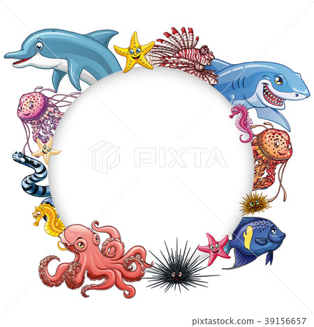 插图素材: set cute marine animals colorful on white