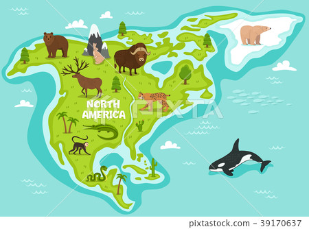 图库插图: north american map with wildlife animals