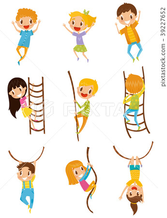 图库插图: cute little kids jumping, climbing and swinging