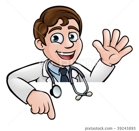 插图素材: doctor cartoon character above sign pointing