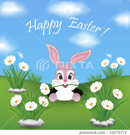 插图素材: happy easter card with a cute pink bunny hiding