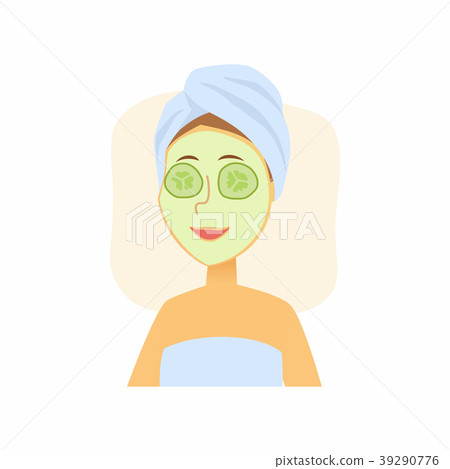 图库插图: woman using cucumber face mask - cartoon people