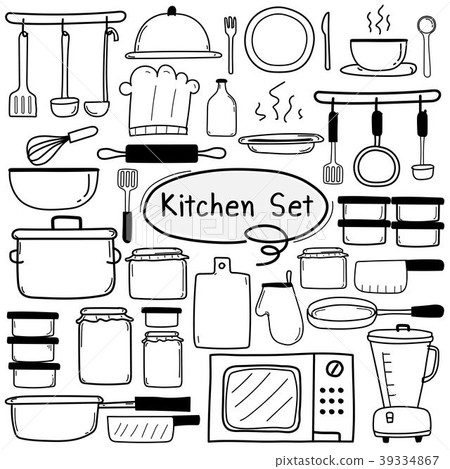 图库插图: line hand drawn doodle vector kitchen set.