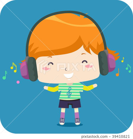 图库插图 kid boy listen headset music illustration