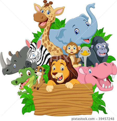 wild animal,animal world 插图素材: cartoon wild animal with blank signboard