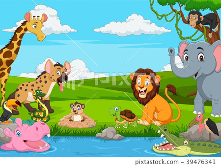 wild animals,wild animals小报 图库插图: cartoon african landscape with wild animals