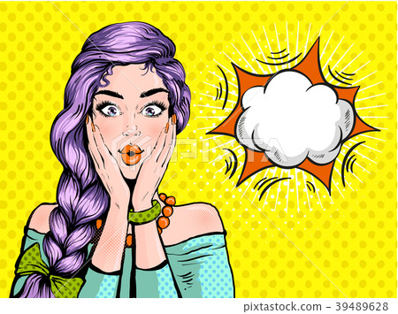 图库插图: pop art surprised woman beautiful face with open