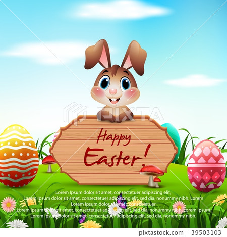 插图素材: cute easter bunny with a wooden sign and colorful