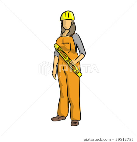 插图素材: female construction worker holding bubble level