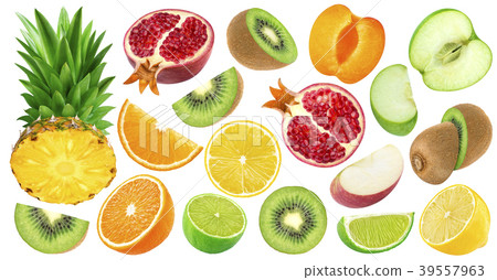 图库照片: set of cut fruits isolated on white background