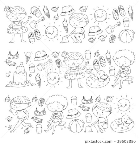 表示on的简笔画,表示in的简笔画 插图素材: 3 banners with kids on happy summer holiday