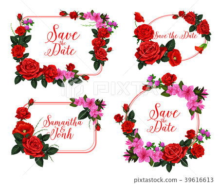 图库插图: wedding invitation card with red flower frame