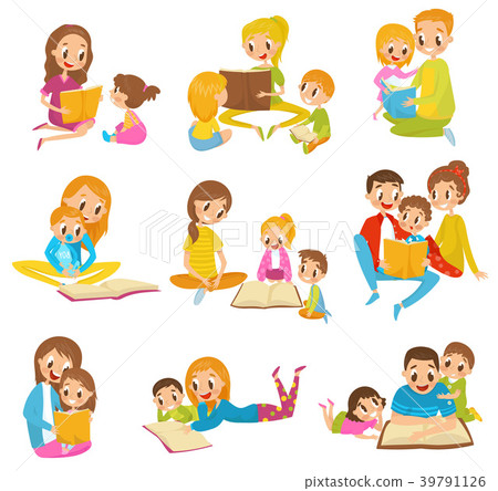 插图素材: parents reading books to they kids together set