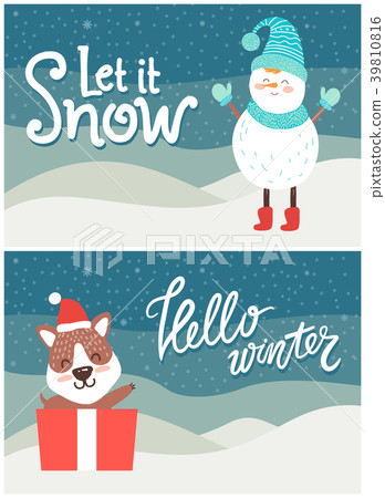 插图素材: let it snow hello winter bright snowy postcard