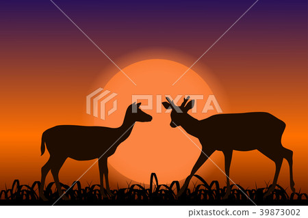 插图素材: sika deer with horns. black silhouettes in sunset