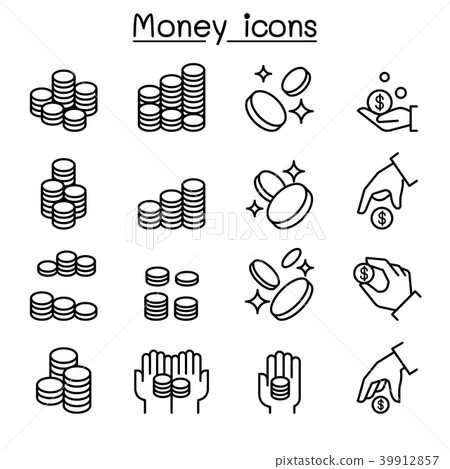 插图素材: coin & hand icon set in thin line style 查看全部