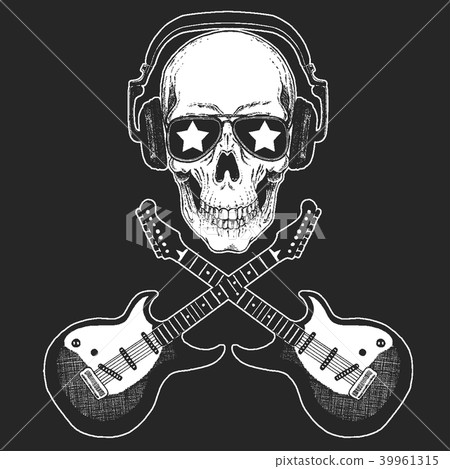 插图素材: rock music festival. skull with guitars.