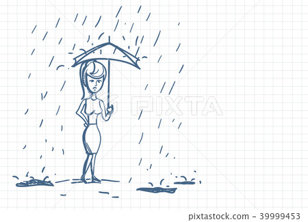 插图素材: upset business woman wet under rain with umbrella