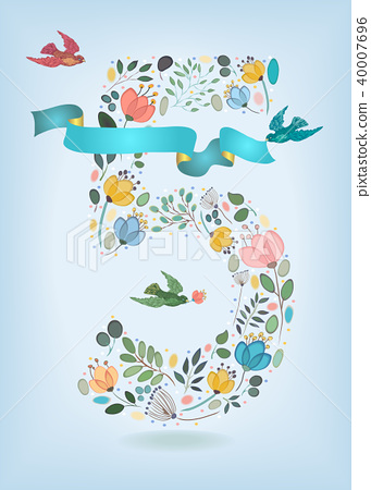 插图素材: floral number five with ribbon and birds