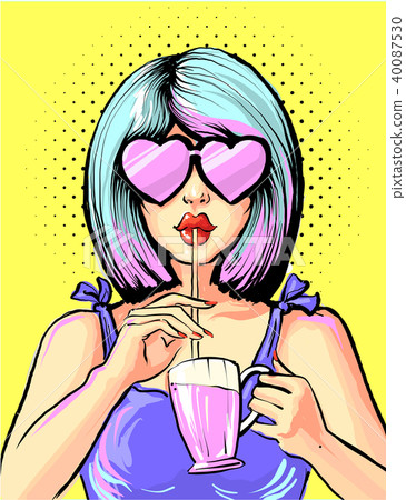 插图素材: pop art woman drinking cocktail in heart shape glasses