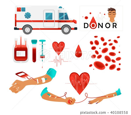 图库插图: set of blood donor images with blood donation life