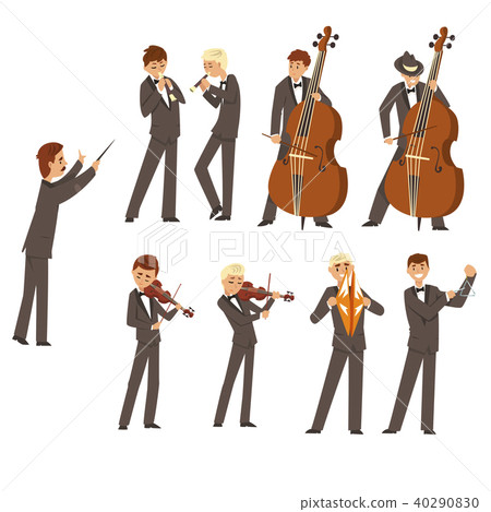 插图素材: musicians of symphonic orchestra and conductor, people