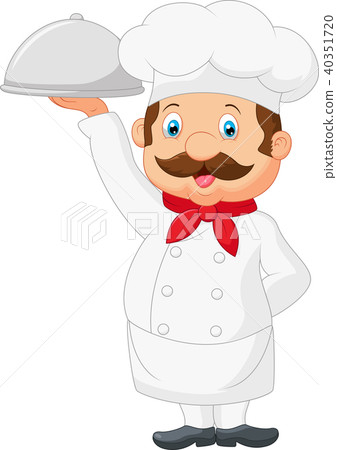 图库插图: cartoon chef serving food in a sliver platter