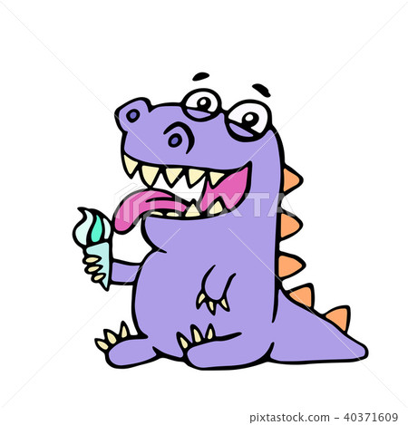 cartoon,Picture 图库插图: cartoon purple croc eating ice cream. vector