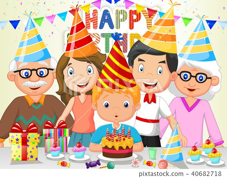 插图素材: happy boy blowing birthday candles with his family