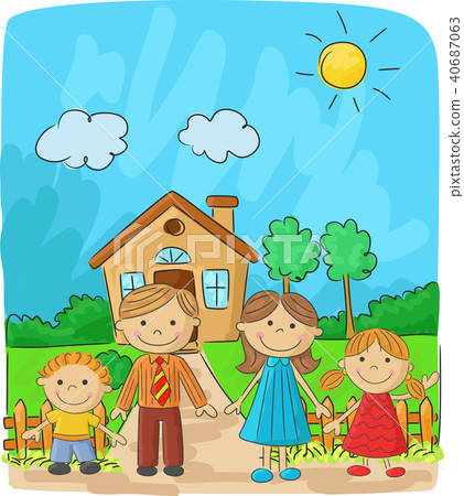 happyfamily,happyholiday 插图素材: happy family against a landscape and the house