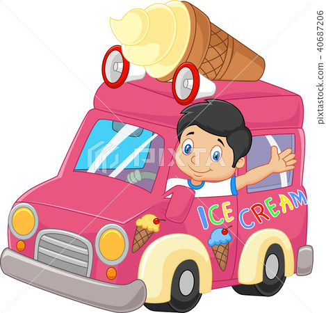 插图素材: cartoon little boy driving car and waving