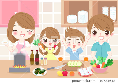 插图素材: happy family cooking in kitchen