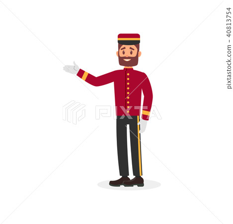 插图素材: young bearded guy in bellboy uniform.