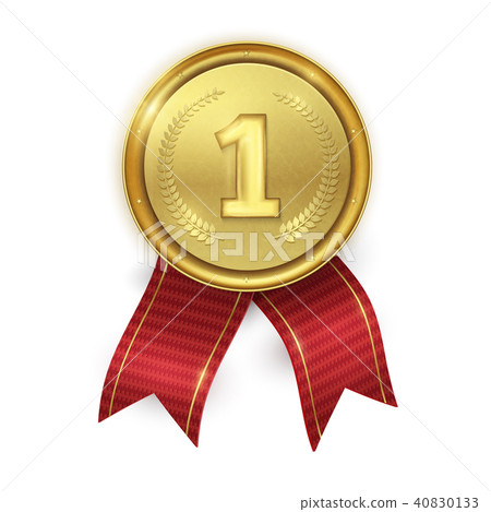 插图素材: golden realistic medal with red ribbons isolated on