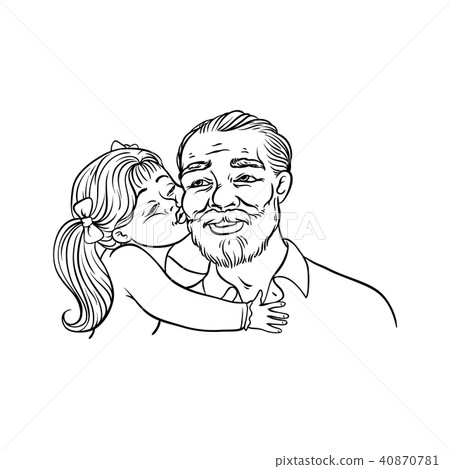 图库插图: kid girl kisses her grandfather on cheek isolated on