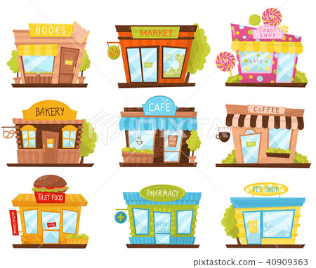 candy shop, pharmacy, fast food restaurant, cafe