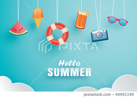插图素材: hello summer with origami hanging on the sky