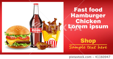 插图素材: hamburger, chicken wings and soda drink banner