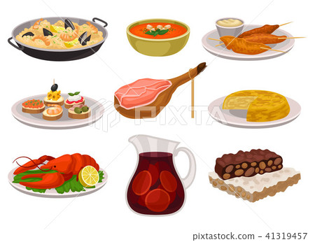 插图素材: flat vector set of traditional spanish food and drink.