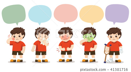 图库插图: set of a boy get sick with speech frame.