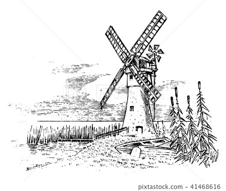 Windmill Landscape In Vintage Retro Hand Drawn Stock Illustration