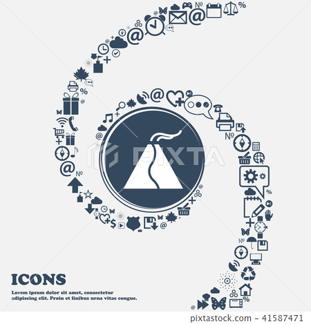 插图素材: active erupting volcano icon in the center. around