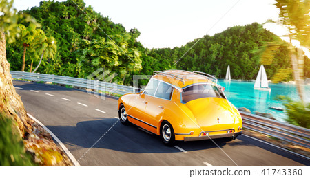 插图素材: cute little retro car goes by the road