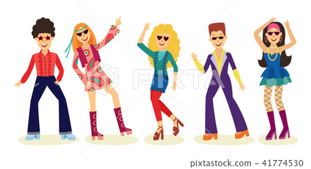 set in,many a 插图素材: people dancing disco set with men and women in fashion