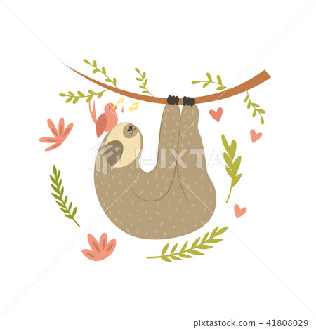 插图素材: sloth hanging on the tree. adorable cartoon animal