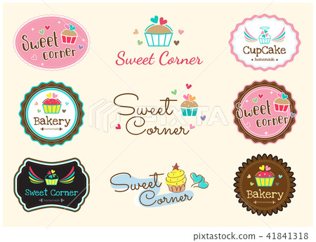 插图素材: set of cute sweet bakery badge label and logo